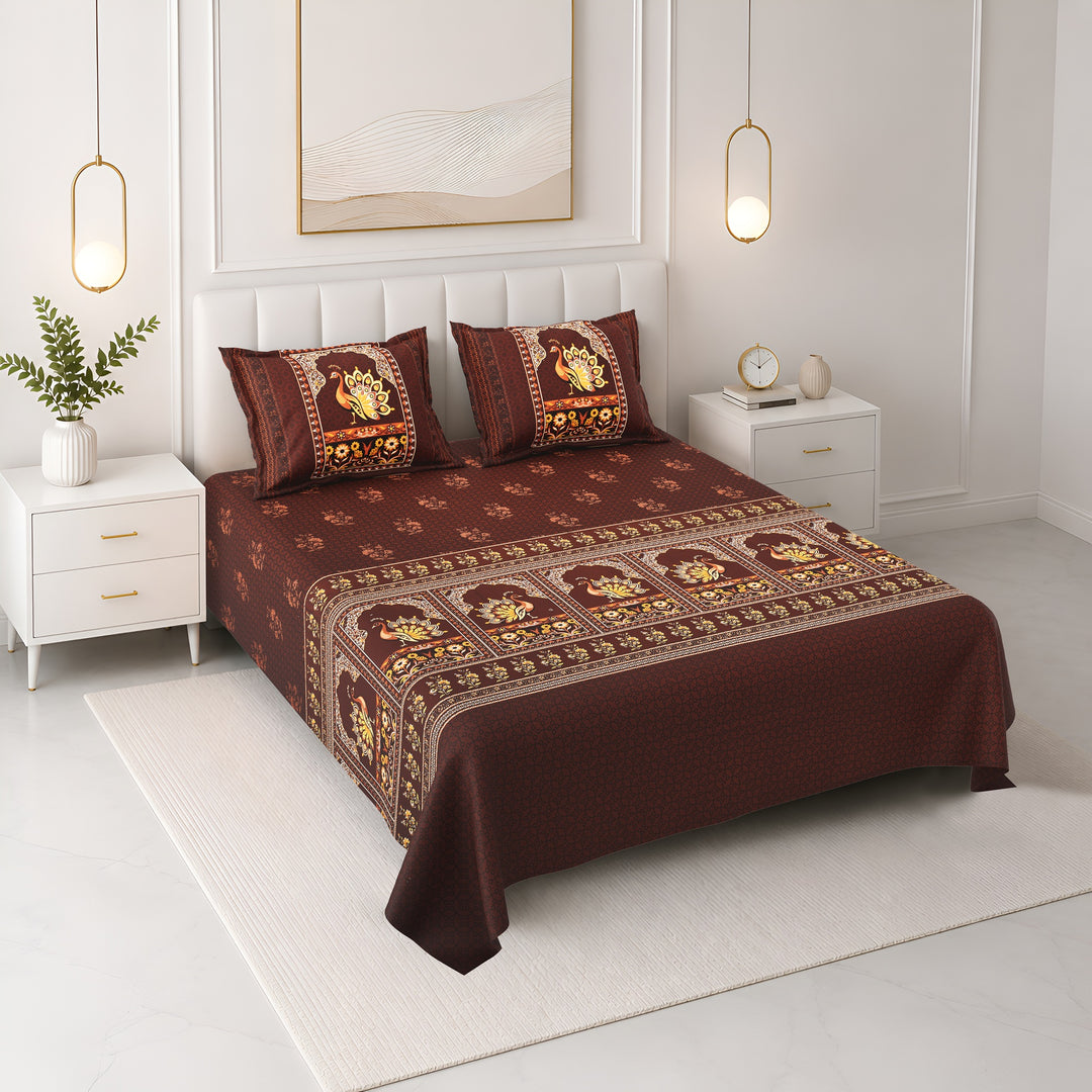 Bella Casa Fashion & Retail Ltd BEDSHEET 108 X 108 Inch / Brown & Multi / 100 % Premium Cotton Super King Size Double Bedsheet Set Premium Cotton with 2 Pillow Covers Digital Printed Brown & Multi Coloured - Celestia Designer Collection