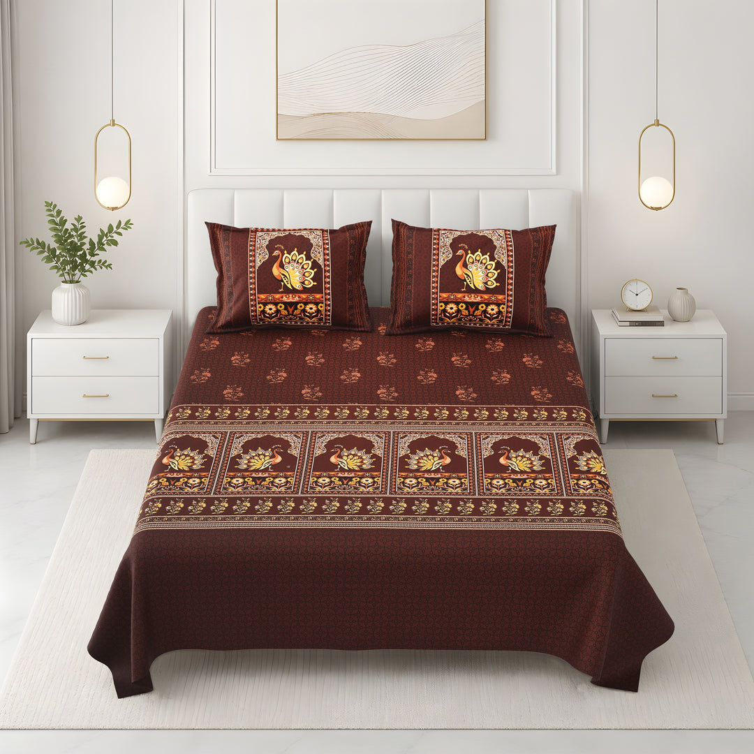 Bella Casa Fashion & Retail Ltd BEDSHEET 108 X 108 Inch / Brown & Multi / 100 % Premium Cotton Super King Size Double Bedsheet Set Premium Cotton with 2 Pillow Covers Digital Printed Brown & Multi Coloured - Celestia Designer Collection