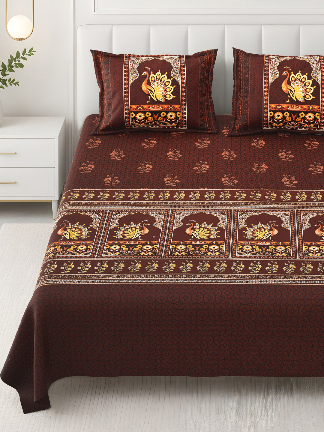 Bella Casa Fashion & Retail Ltd BEDSHEET 108 X 108 Inch / Brown & Multi / 100 % Premium Cotton Super King Size Double Bedsheet Set Premium Cotton with 2 Pillow Covers Digital Printed Brown & Multi Coloured - Celestia Designer Collection