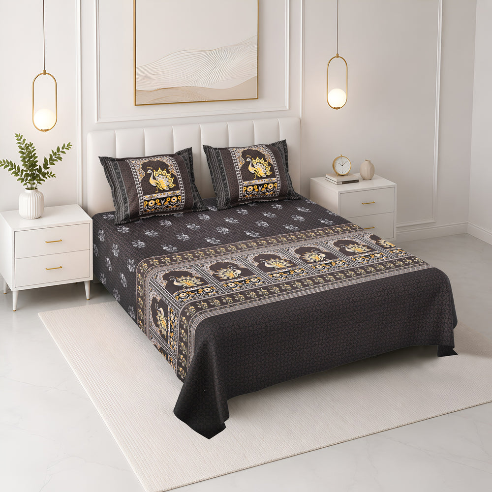Bella Casa Fashion & Retail Ltd BEDSHEET 108 X 108 Inch / Brown & Multi / 100 % Premium Cotton Super King Size Double Bedsheet Set Premium Cotton with 2 Pillow Covers Digital Printed Brown & Multi Coloured - Celestia Designer Collection