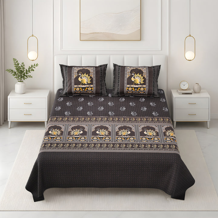 Bella Casa Fashion & Retail Ltd BEDSHEET 108 X 108 Inch / Brown & Multi / 100 % Premium Cotton Super King Size Double Bedsheet Set Premium Cotton with 2 Pillow Covers Digital Printed Brown & Multi Coloured - Celestia Designer Collection