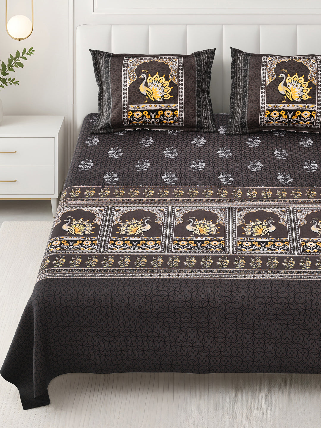 Bella Casa Fashion & Retail Ltd BEDSHEET 108 X 108 Inch / Brown & Multi / 100 % Premium Cotton Super King Size Double Bedsheet Set Premium Cotton with 2 Pillow Covers Digital Printed Brown & Multi Coloured - Celestia Designer Collection