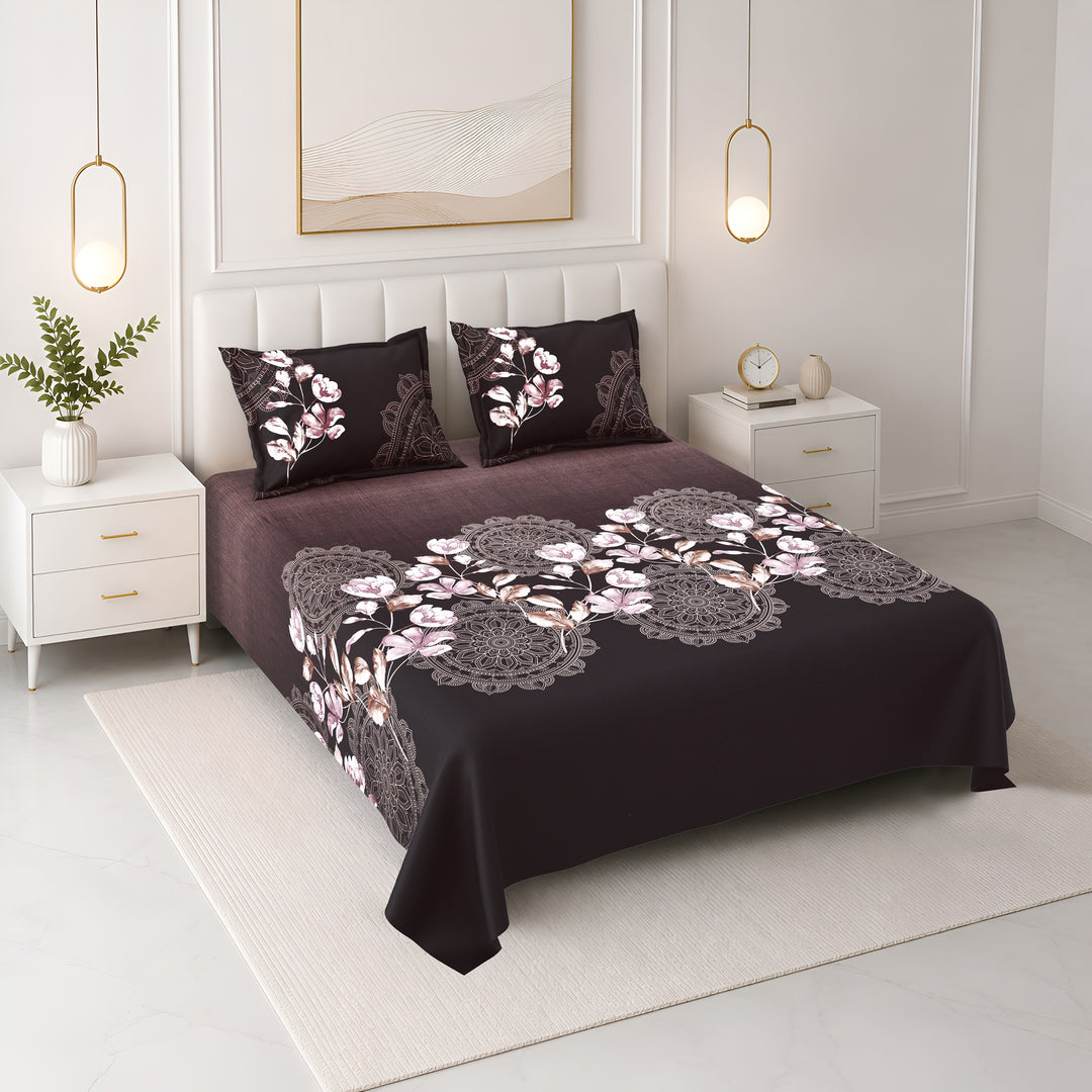 Bella Casa Fashion & Retail Ltd BEDSHEET 108 X 108 Inch / Brown & Multi / 100 % Premium Cotton Super King Size Double Bedsheet Set Premium Cotton with 2 Pillow Covers Digital Printed Brown & Multi Coloured - Celestia Designer Collection