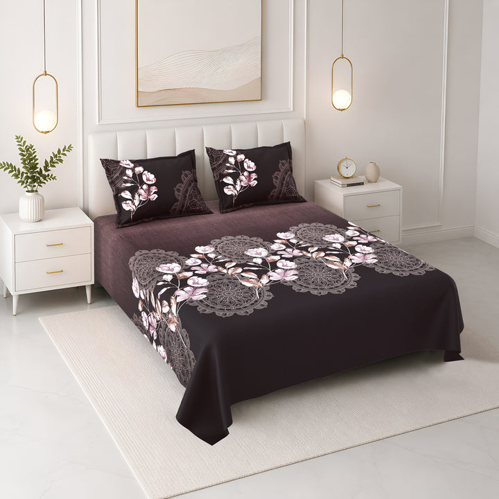 Bella Casa Fashion & Retail Ltd BEDSHEET 108 X 108 Inch / Brown & Multi / 100 % Premium Cotton Super King Size Double Bedsheet Set Premium Cotton with 2 Pillow Covers Digital Printed Brown & Multi Coloured - Celestia Designer Collection