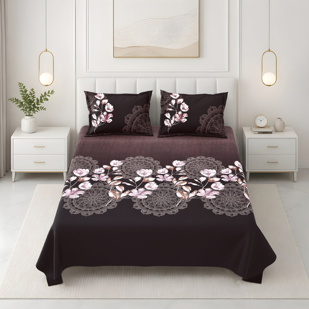Bella Casa Fashion & Retail Ltd BEDSHEET 108 X 108 Inch / Brown & Multi / 100 % Premium Cotton Super King Size Double Bedsheet Set Premium Cotton with 2 Pillow Covers Digital Printed Brown & Multi Coloured - Celestia Designer Collection