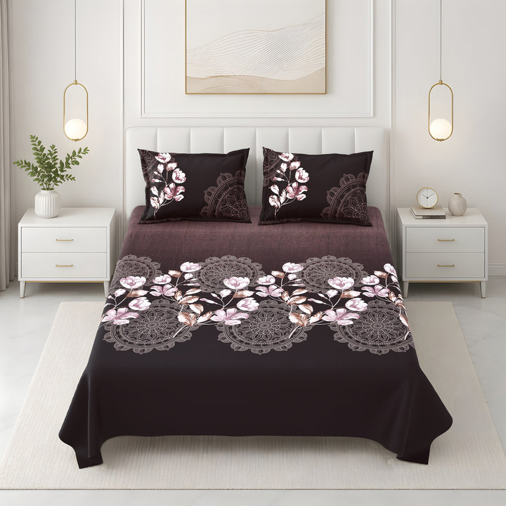 Bella Casa Fashion & Retail Ltd BEDSHEET 108 X 108 Inch / Brown & Multi / 100 % Premium Cotton Super King Size Double Bedsheet Set Premium Cotton with 2 Pillow Covers Digital Printed Brown & Multi Coloured - Celestia Designer Collection