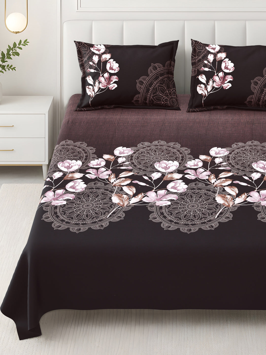 Bella Casa Fashion & Retail Ltd BEDSHEET 108 X 108 Inch / Brown & Multi / 100 % Premium Cotton Super King Size Double Bedsheet Set Premium Cotton with 2 Pillow Covers Digital Printed Brown & Multi Coloured - Celestia Designer Collection