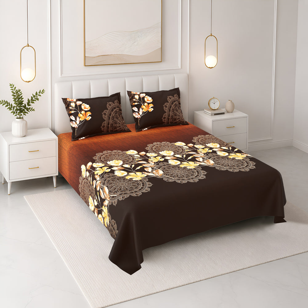 Bella Casa Fashion & Retail Ltd BEDSHEET 108 X 108 Inch / Brown & Multi / 100 % Premium Cotton Super King Size Double Bedsheet Set Premium Cotton with 2 Pillow Covers Digital Printed Brown & Multi Coloured - Celestia Designer Collection