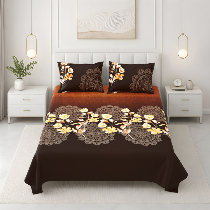 Bella Casa Fashion & Retail Ltd BEDSHEET 108 X 108 Inch / Brown & Multi / 100 % Premium Cotton Super King Size Double Bedsheet Set Premium Cotton with 2 Pillow Covers Digital Printed Brown & Multi Coloured - Celestia Designer Collection
