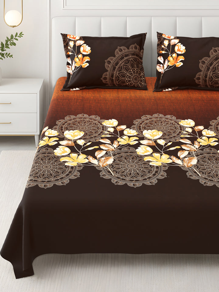 Bella Casa Fashion & Retail Ltd BEDSHEET 108 X 108 Inch / Brown & Multi / 100 % Premium Cotton Super King Size Double Bedsheet Set Premium Cotton with 2 Pillow Covers Digital Printed Brown & Multi Coloured - Celestia Designer Collection