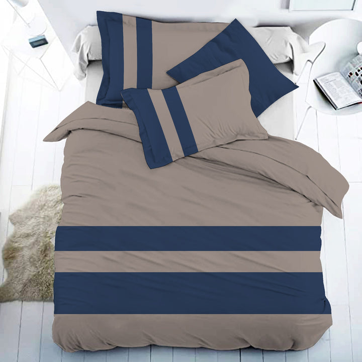 Bella Casa Fashion & Retail Ltd BEDSHEET 108 X 108 Inch / Brown & Navy Blue / 100 % Premium Cotton Super King Size Double Bedsheet Set Premium Cotton with 2 Pillow Covers Digital Printed Brown & Navy Blue Coloured - Heaven Stripe Collection