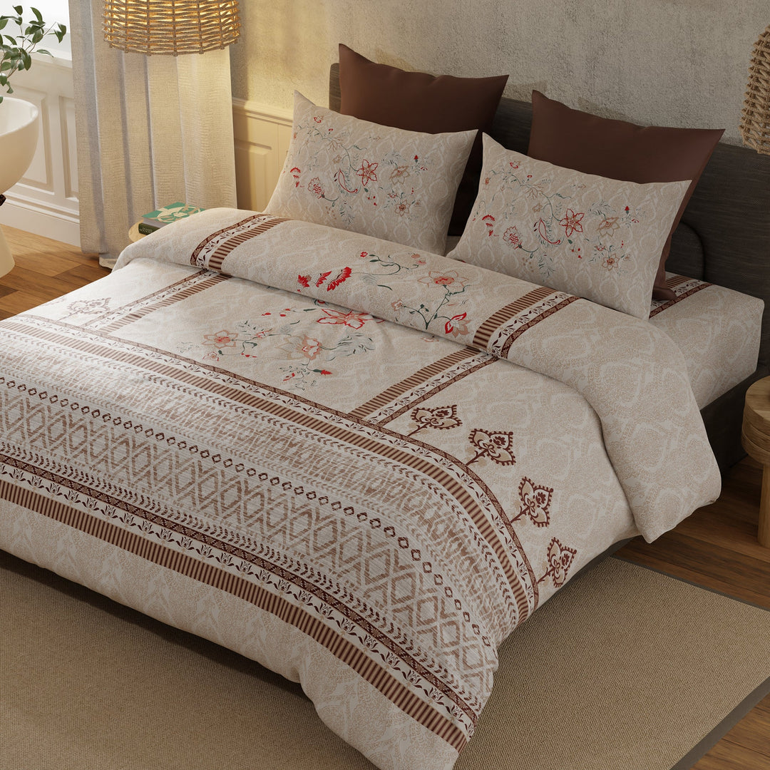Bella Casa Fashion & Retail Ltd  BEDSHEET 108 X 108 Inch / Cream / 100 % Luxury Cotton Double Premium Bedsheet Set 100 % Luxury Cotton Super King Size with 2 Pillow Covers Floral Ethnic Design Cream Colour - Rajputana Designer Collection