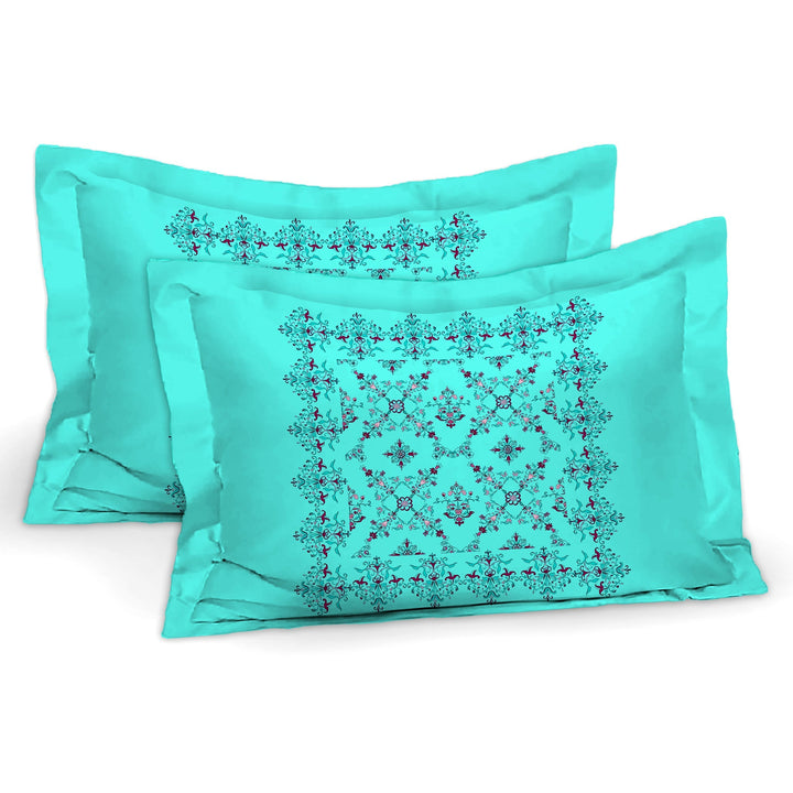 Bella Casa Fashion & Retail Ltd  BEDSHEET 108 X 108 Inch / Cyan / 100 % Luxury Cotton Double Premium Bedsheet Set 100 % Luxury Cotton Super King Size with 2 Pillow Covers Floral Ethnic Design Cyan Colour - Rajputana Designer Collection