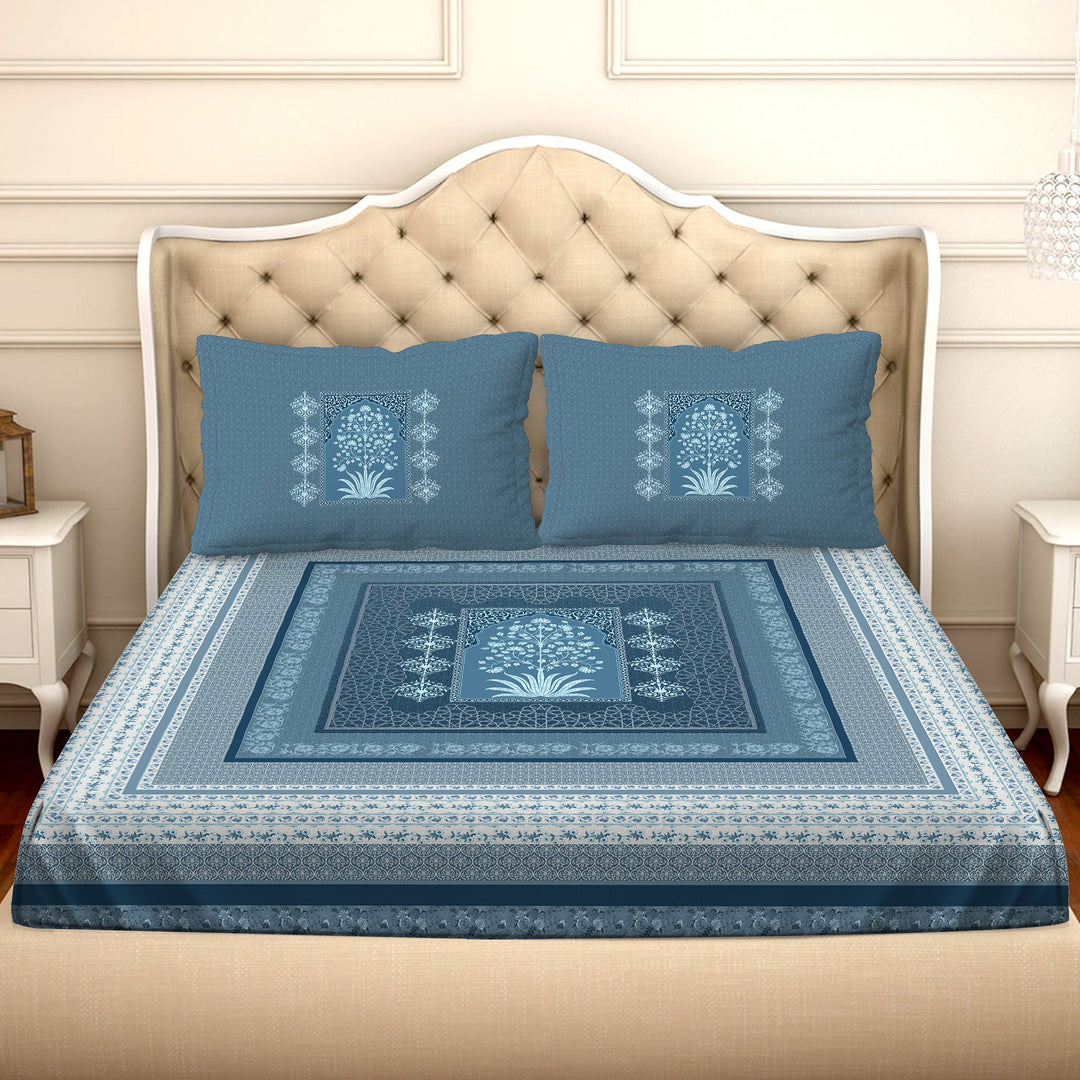Bella Casa Fashion & Retail Ltd  BEDSHEET 108 X 108 Inch Double Premium Bedsheet Set 100 % Luxury Cotton Super King Size with 2 Pillow Covers Printed Blue Colour - Impression Designer Collection