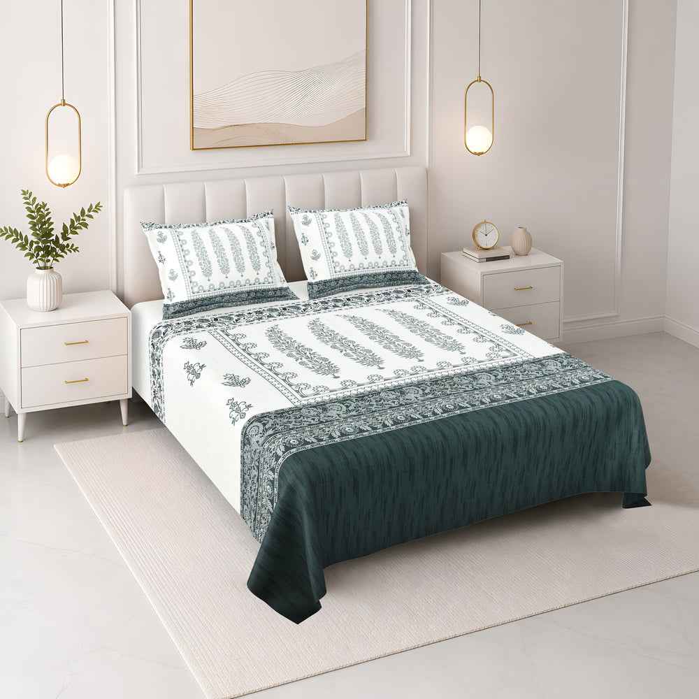 Bella Casa Fashion & Retail Ltd BEDSHEET 108 X 108 Inch / Green / 100 % Premium Cotton Super King Size Double Bedsheet Set Premium Cotton with 2 Pillow Covers Digital Printed Green Coloured - Celestia Designer Collection