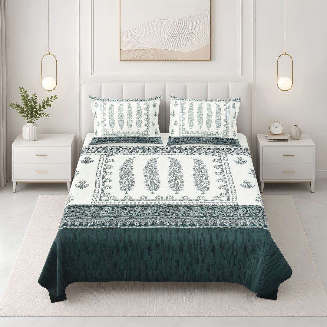 Bella Casa Fashion & Retail Ltd BEDSHEET 108 X 108 Inch / Green / 100 % Premium Cotton Super King Size Double Bedsheet Set Premium Cotton with 2 Pillow Covers Digital Printed Green Coloured - Celestia Designer Collection