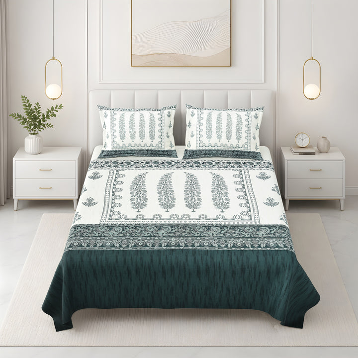 Bella Casa Fashion & Retail Ltd BEDSHEET 108 X 108 Inch / Green / 100 % Premium Cotton Super King Size Double Bedsheet Set Premium Cotton with 2 Pillow Covers Digital Printed Green Coloured - Celestia Designer Collection