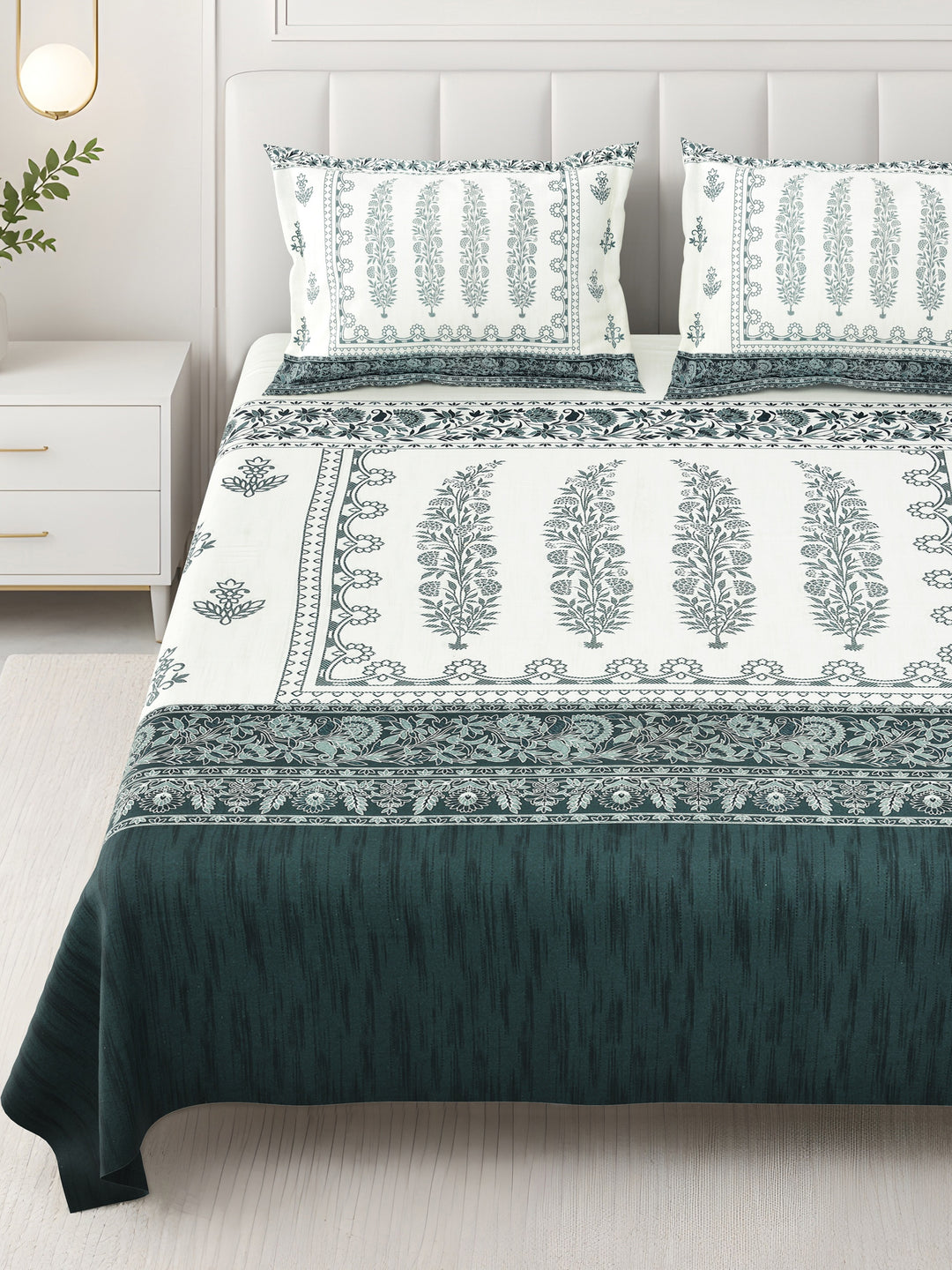 Bella Casa Fashion & Retail Ltd BEDSHEET 108 X 108 Inch / Green / 100 % Premium Cotton Super King Size Double Bedsheet Set Premium Cotton with 2 Pillow Covers Digital Printed Green Coloured - Celestia Designer Collection