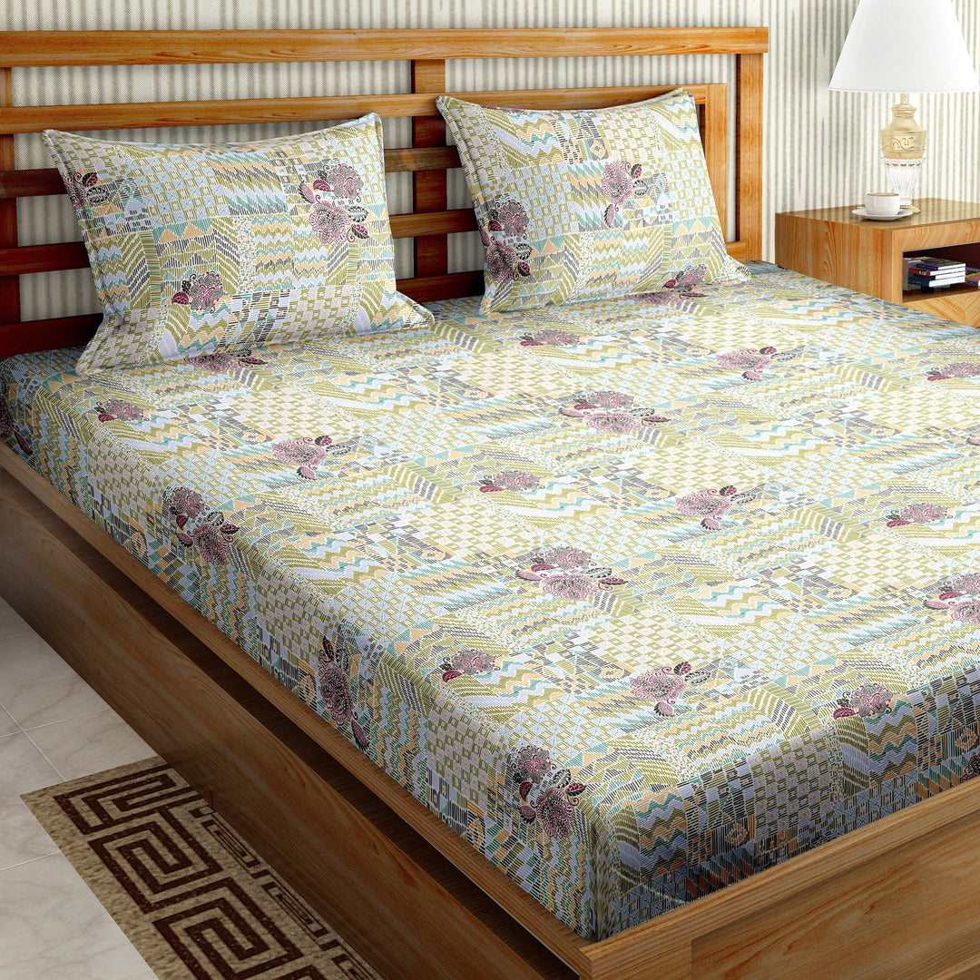Bella Casa Fashion & Retail Ltd BEDSHEET 108 X 108 Inch / Green / Cotton Double Bedsheet Set Cotton Super King Size with 2 Pillow Covers Abstract Design Green Colour - Paris Collection