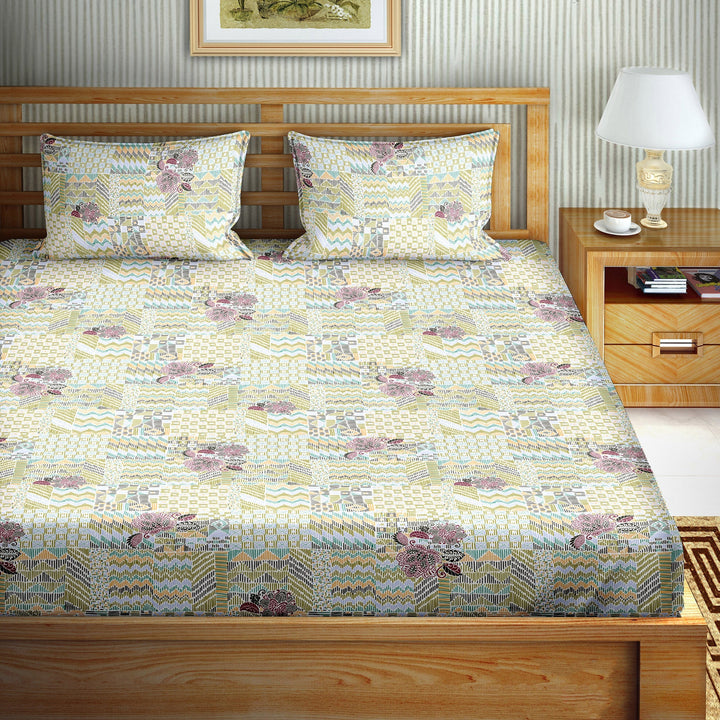 Bella Casa Fashion & Retail Ltd BEDSHEET 108 X 108 Inch / Green / Cotton Double Bedsheet Set Cotton Super King Size with 2 Pillow Covers Abstract Design Green Colour - Paris Collection
