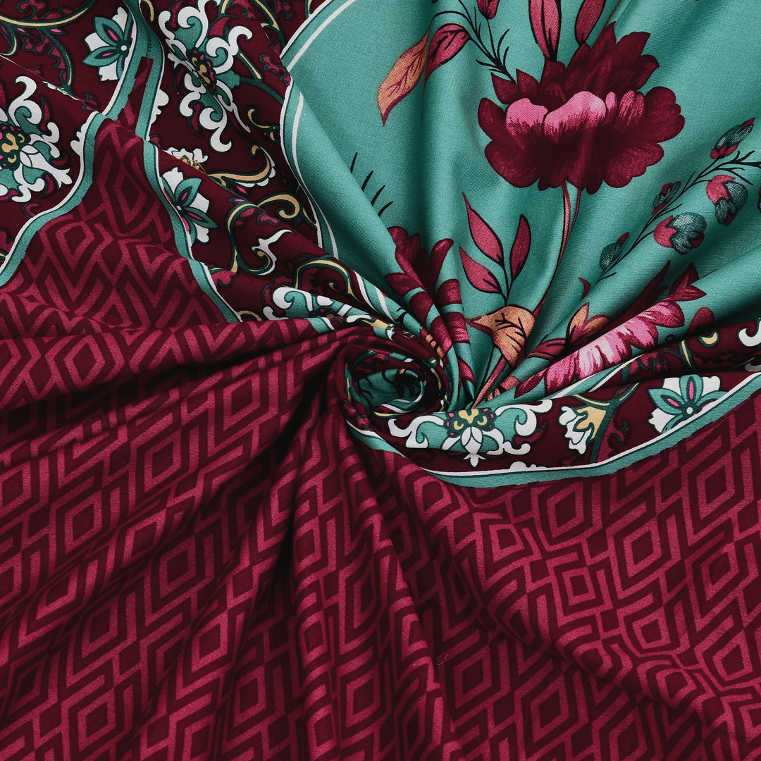 Bella Casa Fashion & Retail Ltd BEDSHEET 108 X 108 Inch / Green & Maroon / 100 % Premium Cotton Super King Size Double Bedsheet Set Premium Cotton with 2 Pillow Covers Digital Printed Green & Maroon Coloured - Celestia Designer Collection