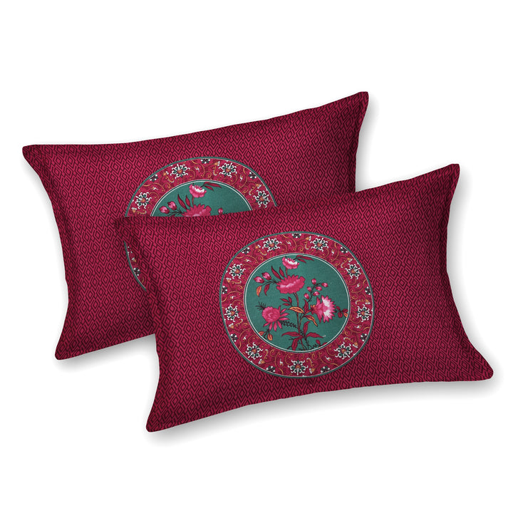 Bella Casa Fashion & Retail Ltd BEDSHEET 108 X 108 Inch / Green & Maroon / 100 % Premium Cotton Super King Size Double Bedsheet Set Premium Cotton with 2 Pillow Covers Digital Printed Green & Maroon Coloured - Celestia Designer Collection
