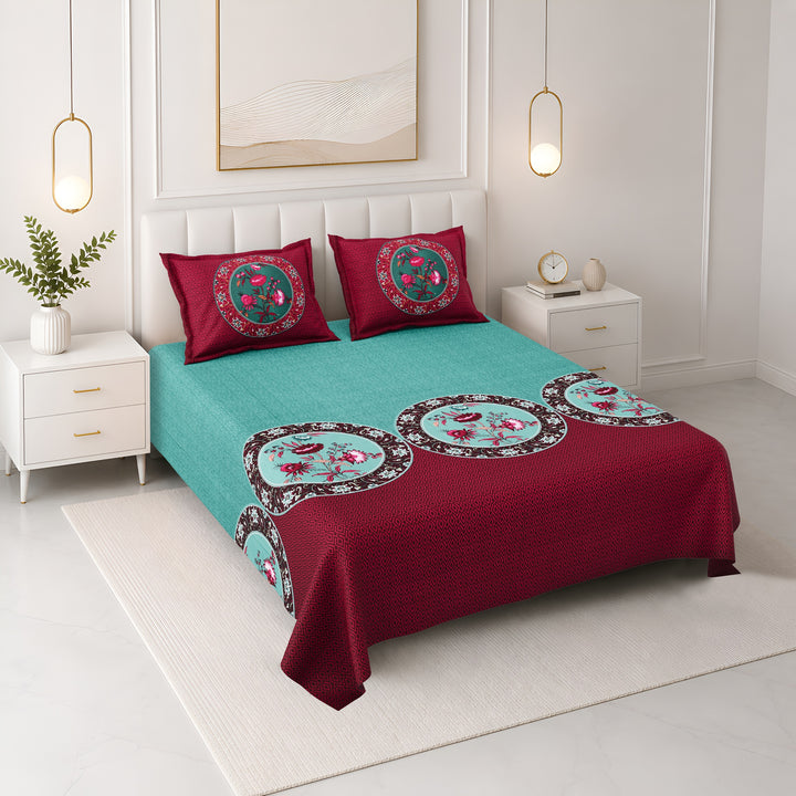 Bella Casa Fashion & Retail Ltd BEDSHEET 108 X 108 Inch / Green & Maroon / 100 % Premium Cotton Super King Size Double Bedsheet Set Premium Cotton with 2 Pillow Covers Digital Printed Green & Maroon Coloured - Celestia Designer Collection