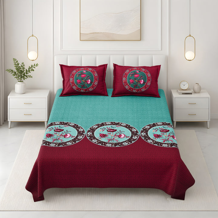 Bella Casa Fashion & Retail Ltd BEDSHEET 108 X 108 Inch / Green & Maroon / 100 % Premium Cotton Super King Size Double Bedsheet Set Premium Cotton with 2 Pillow Covers Digital Printed Green & Maroon Coloured - Celestia Designer Collection