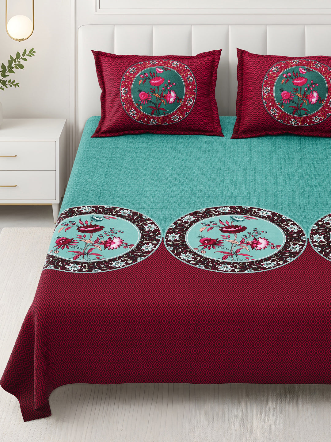 Bella Casa Fashion & Retail Ltd BEDSHEET 108 X 108 Inch / Green & Maroon / 100 % Premium Cotton Super King Size Double Bedsheet Set Premium Cotton with 2 Pillow Covers Digital Printed Green & Maroon Coloured - Celestia Designer Collection