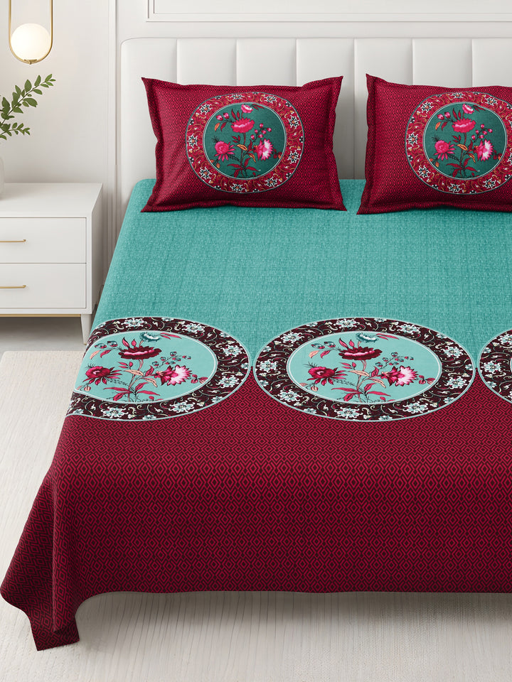 Bella Casa Fashion & Retail Ltd BEDSHEET 108 X 108 Inch / Green & Maroon / 100 % Premium Cotton Super King Size Double Bedsheet Set Premium Cotton with 2 Pillow Covers Digital Printed Green & Maroon Coloured - Celestia Designer Collection