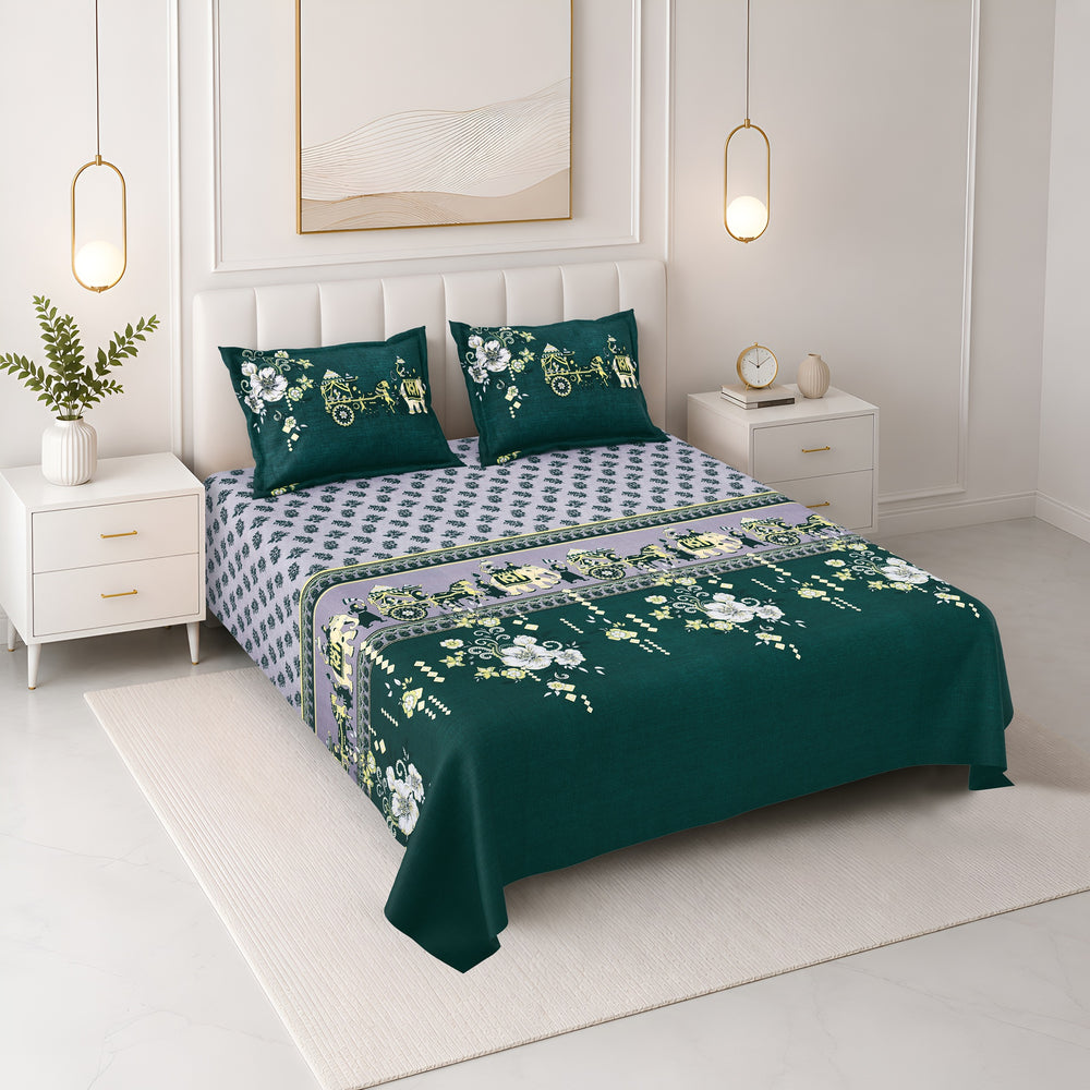 Bella Casa Fashion & Retail Ltd BEDSHEET 108 X 108 Inch / Green & Multi / 100 % Premium Cotton Super King Size Double Bedsheet Set Premium Cotton with 2 Pillow Covers Digital Printed Green & Multi Coloured - Celestia Designer Collection