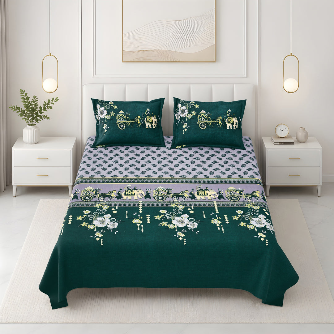 Bella Casa Fashion & Retail Ltd BEDSHEET 108 X 108 Inch / Green & Multi / 100 % Premium Cotton Super King Size Double Bedsheet Set Premium Cotton with 2 Pillow Covers Digital Printed Green & Multi Coloured - Celestia Designer Collection