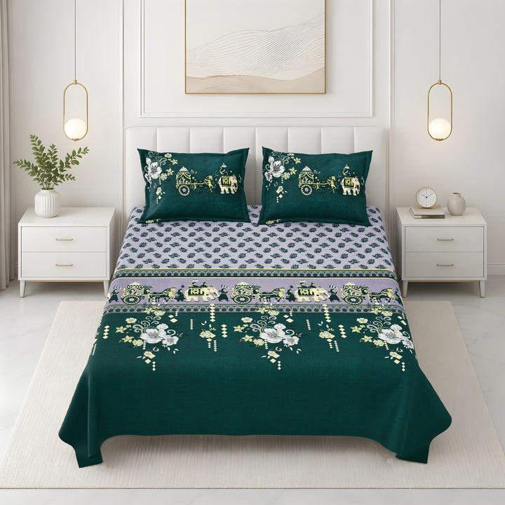 Bella Casa Fashion & Retail Ltd BEDSHEET 108 X 108 Inch / Green & Multi / 100 % Premium Cotton Super King Size Double Bedsheet Set Premium Cotton with 2 Pillow Covers Digital Printed Green & Multi Coloured - Celestia Designer Collection