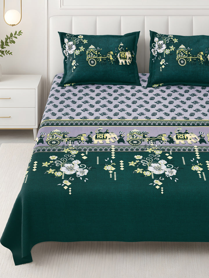 Bella Casa Fashion & Retail Ltd BEDSHEET 108 X 108 Inch / Green & Multi / 100 % Premium Cotton Super King Size Double Bedsheet Set Premium Cotton with 2 Pillow Covers Digital Printed Green & Multi Coloured - Celestia Designer Collection