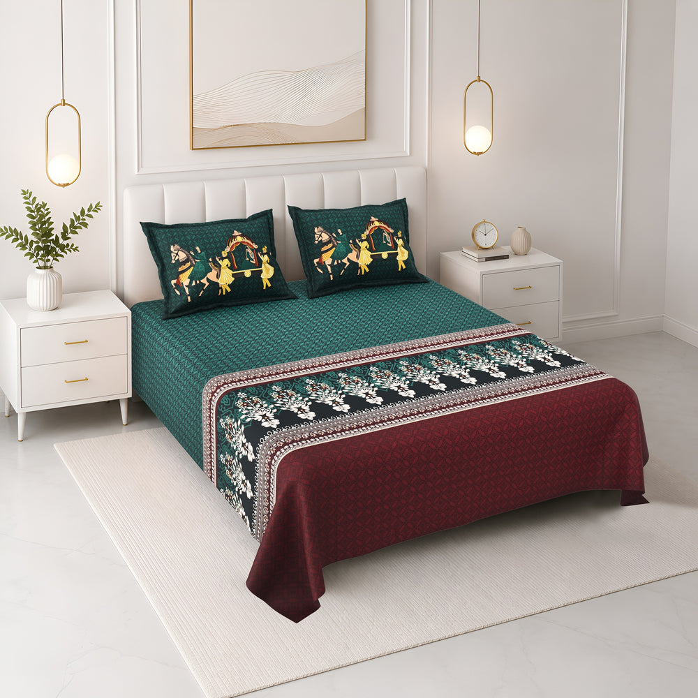 Bella Casa Fashion & Retail Ltd BEDSHEET 108 X 108 Inch / Green & Red / 100 % Premium Cotton Super King Size Double Bedsheet Set Premium Cotton with 2 Pillow Covers Digital Printed Green & Red Coloured - Celestia Designer Collection