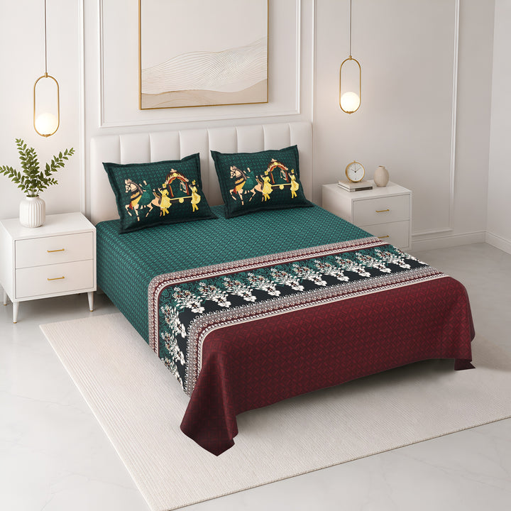 Bella Casa Fashion & Retail Ltd BEDSHEET 108 X 108 Inch / Green & Red / 100 % Premium Cotton Super King Size Double Bedsheet Set Premium Cotton with 2 Pillow Covers Digital Printed Green & Red Coloured - Celestia Designer Collection