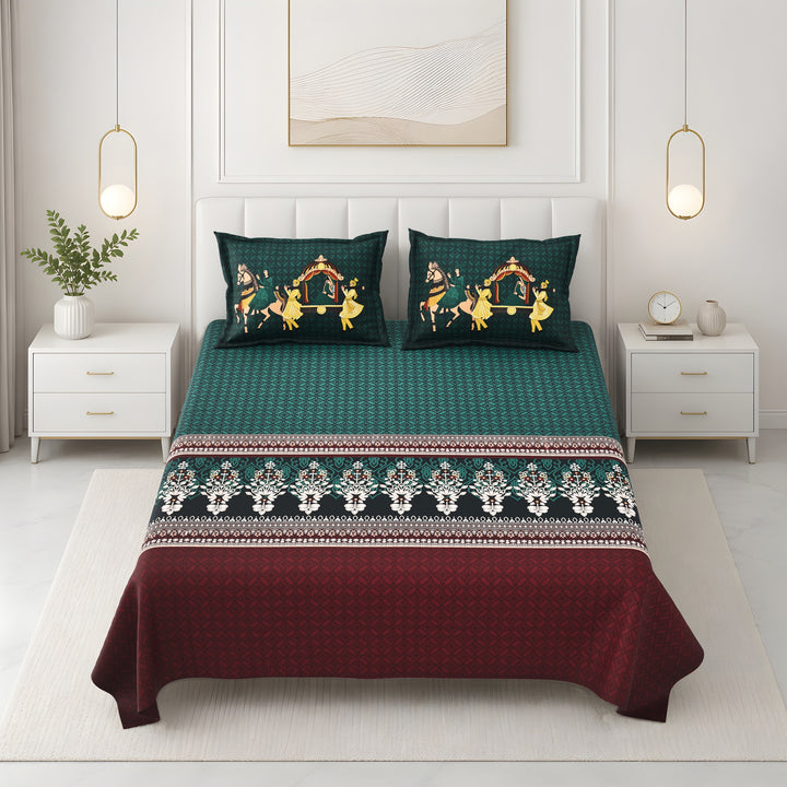 Bella Casa Fashion & Retail Ltd BEDSHEET 108 X 108 Inch / Green & Red / 100 % Premium Cotton Super King Size Double Bedsheet Set Premium Cotton with 2 Pillow Covers Digital Printed Green & Red Coloured - Celestia Designer Collection