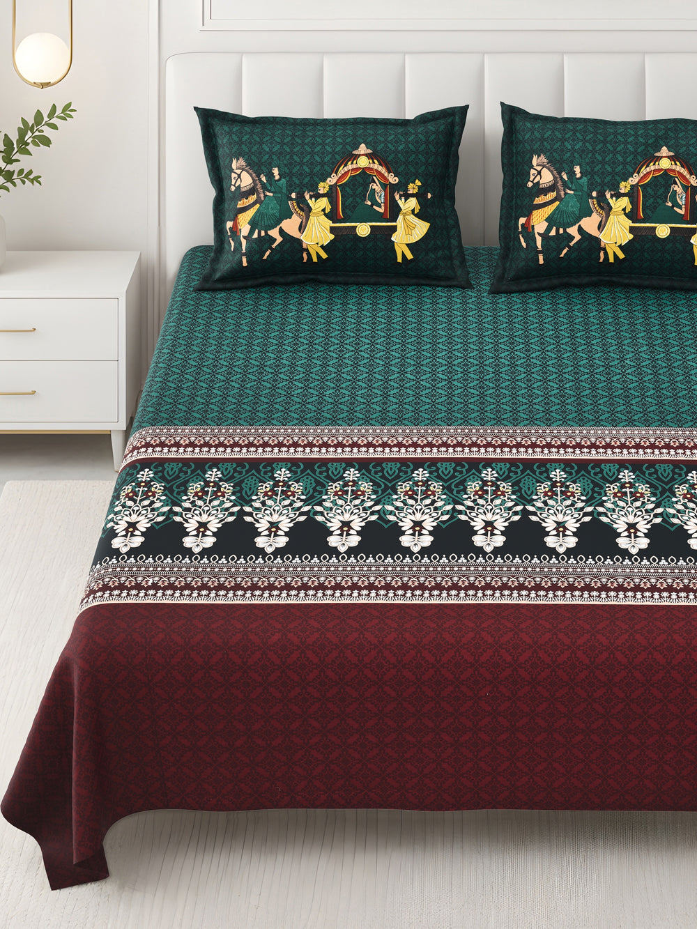 Bella Casa Fashion & Retail Ltd BEDSHEET 108 X 108 Inch / Green & Red / 100 % Premium Cotton Super King Size Double Bedsheet Set Premium Cotton with 2 Pillow Covers Digital Printed Green & Red Coloured - Celestia Designer Collection