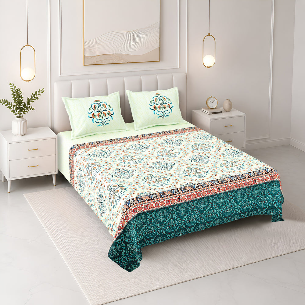 Bella Casa Fashion & Retail Ltd BEDSHEET 108 X 108 Inch / Green & Red / 100 % Premium Cotton Super King Size Double Bedsheet Set Premium Cotton with 2 Pillow Covers Digital Printed Green & Red Coloured - Celestia Designer Collection