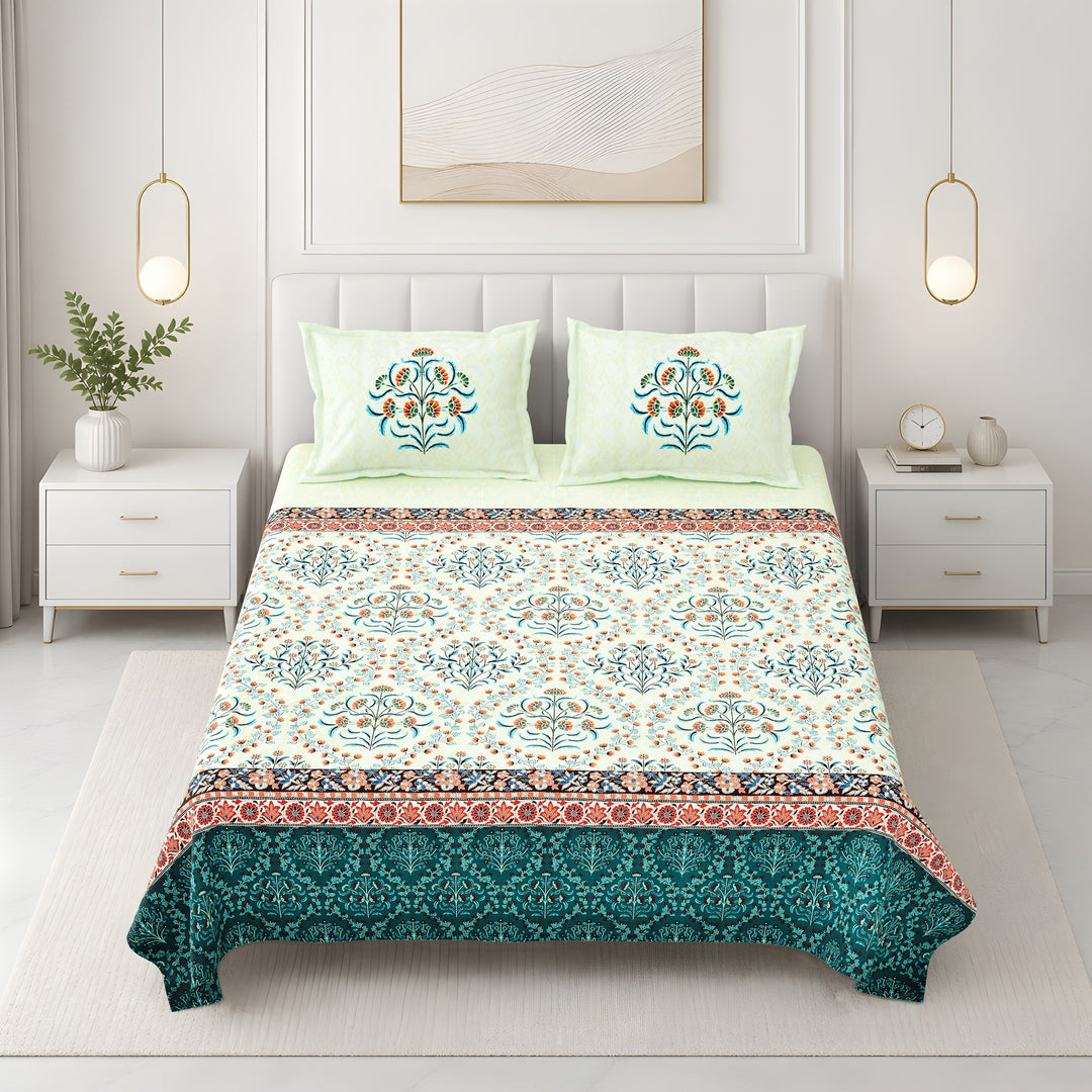 Bella Casa Fashion & Retail Ltd BEDSHEET 108 X 108 Inch / Green & Red / 100 % Premium Cotton Super King Size Double Bedsheet Set Premium Cotton with 2 Pillow Covers Digital Printed Green & Red Coloured - Celestia Designer Collection