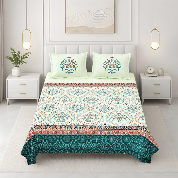 Bella Casa Fashion & Retail Ltd BEDSHEET 108 X 108 Inch / Green & Red / 100 % Premium Cotton Super King Size Double Bedsheet Set Premium Cotton with 2 Pillow Covers Digital Printed Green & Red Coloured - Celestia Designer Collection
