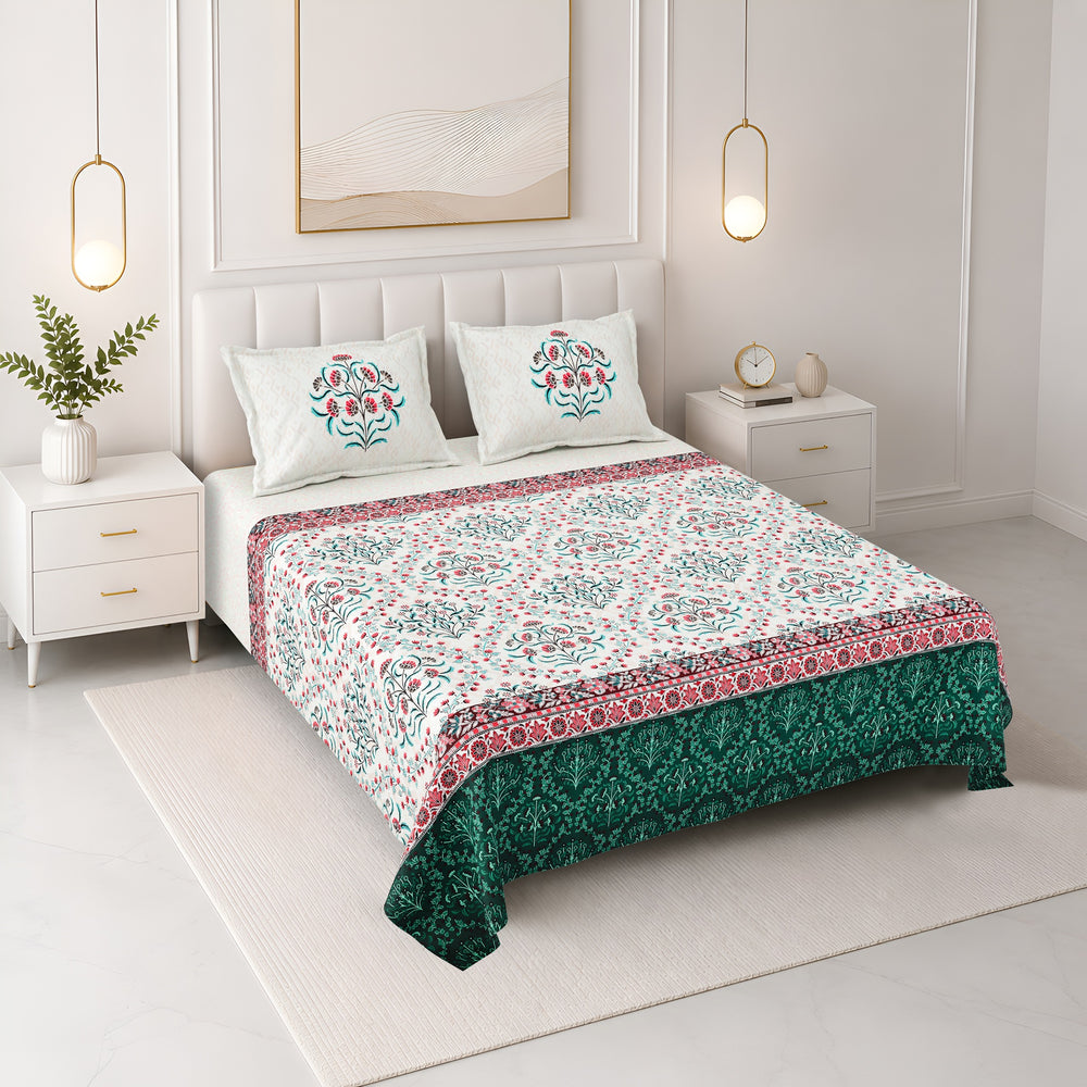 Bella Casa Fashion & Retail Ltd BEDSHEET 108 X 108 Inch / Green & Red / 100 % Premium Cotton Super King Size Double Bedsheet Set Premium Cotton with 2 Pillow Covers Digital Printed Green & Red Coloured - Celestia Designer Collection