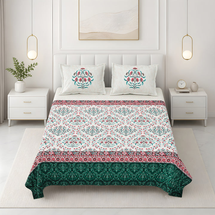 Bella Casa Fashion & Retail Ltd BEDSHEET 108 X 108 Inch / Green & Red / 100 % Premium Cotton Super King Size Double Bedsheet Set Premium Cotton with 2 Pillow Covers Digital Printed Green & Red Coloured - Celestia Designer Collection