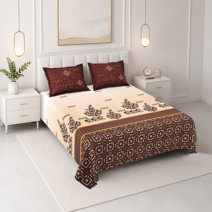 Bella Casa Fashion & Retail Ltd BEDSHEET 108 X 108 Inch / Green & Yellow / 100 % Premium Cotton Super King Size Double Bedsheet Set Premium Cotton with 2 Pillow Covers Digital Printed Brown & Yellow Coloured - Celestia Designer Collection