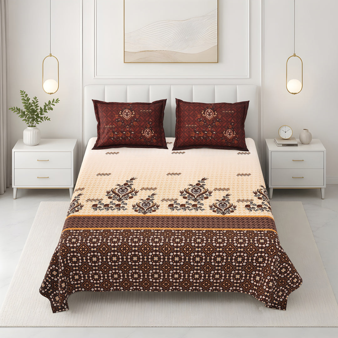 Bella Casa Fashion & Retail Ltd BEDSHEET 108 X 108 Inch / Green & Yellow / 100 % Premium Cotton Super King Size Double Bedsheet Set Premium Cotton with 2 Pillow Covers Digital Printed Brown & Yellow Coloured - Celestia Designer Collection