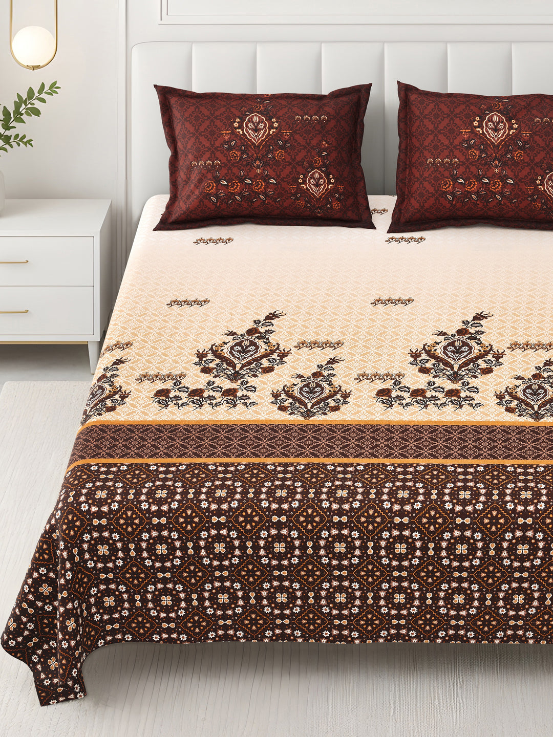 Bella Casa Fashion & Retail Ltd BEDSHEET 108 X 108 Inch / Green & Yellow / 100 % Premium Cotton Super King Size Double Bedsheet Set Premium Cotton with 2 Pillow Covers Digital Printed Brown & Yellow Coloured - Celestia Designer Collection