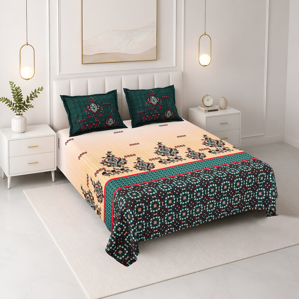 Bella Casa Fashion & Retail Ltd BEDSHEET 108 X 108 Inch / Green & Yellow / 100 % Premium Cotton Super King Size Double Bedsheet Set Premium Cotton with 2 Pillow Covers Digital Printed Green & Yellow Coloured - Celestia Designer Collection