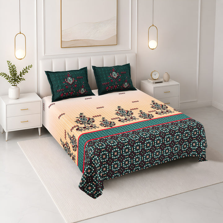 Bella Casa Fashion & Retail Ltd BEDSHEET 108 X 108 Inch / Green & Yellow / 100 % Premium Cotton Super King Size Double Bedsheet Set Premium Cotton with 2 Pillow Covers Digital Printed Green & Yellow Coloured - Celestia Designer Collection