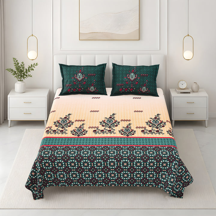 Bella Casa Fashion & Retail Ltd BEDSHEET 108 X 108 Inch / Green & Yellow / 100 % Premium Cotton Super King Size Double Bedsheet Set Premium Cotton with 2 Pillow Covers Digital Printed Green & Yellow Coloured - Celestia Designer Collection