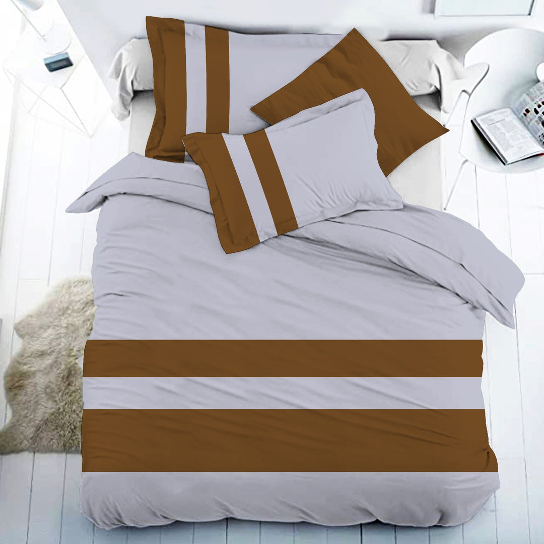 Bella Casa Fashion & Retail Ltd BEDSHEET 108 X 108 Inch / Grey & Brown / 100 % Premium Cotton Super King Size Double Bedsheet Set Premium Cotton with 2 Pillow Covers Digital Printed Light Grey & Chest Nut Brown Coloured - Heaven Stripe Collection